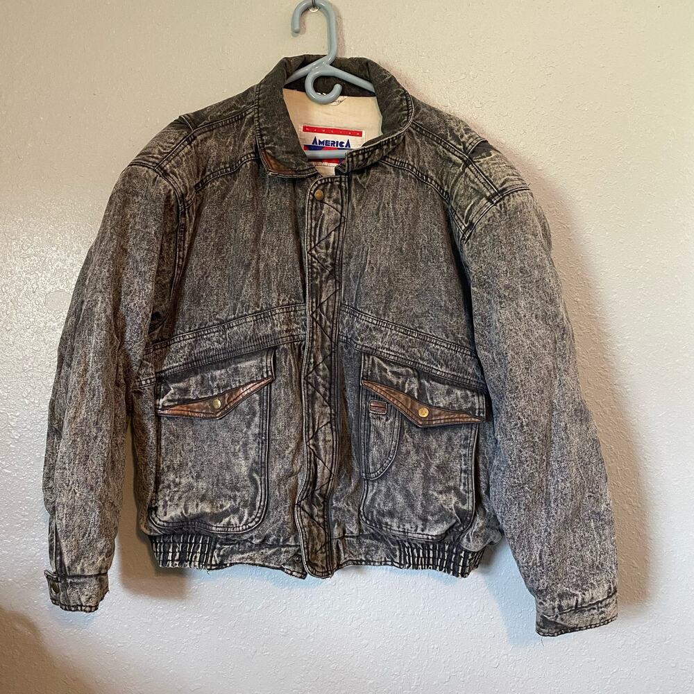 Vintage America Large Acid Wash Black Gray Cotton Leather Zip Winter Bomber - Picture 13 of 13